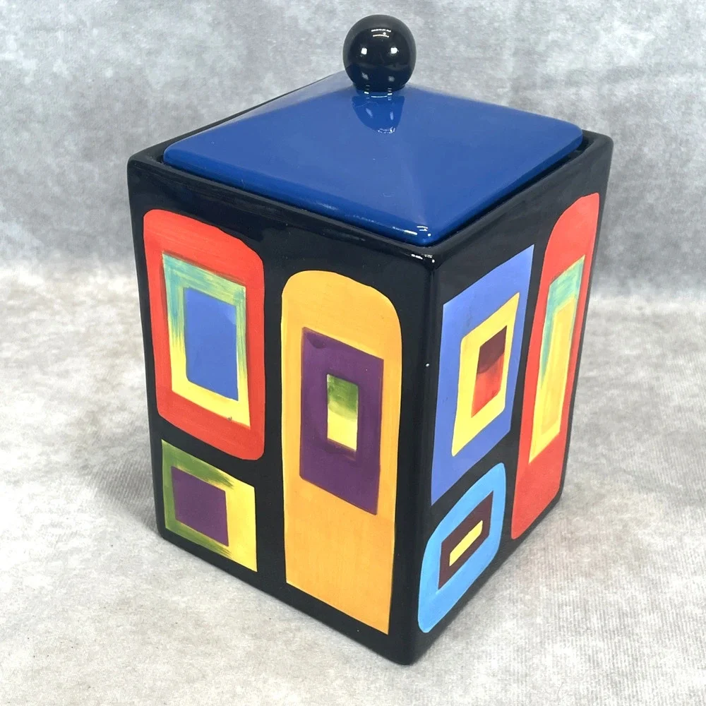 Mary Naylor Designs Modern Ceramic Canister Blue Lid Hand Painted Abstract 6x4.5